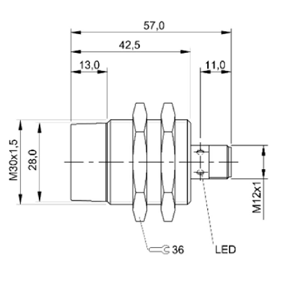 DPI M30 PNP NO P15mm non noyé lg57(29,5)mm Laiton 10-30Vdc / M12 4P-Lire la description