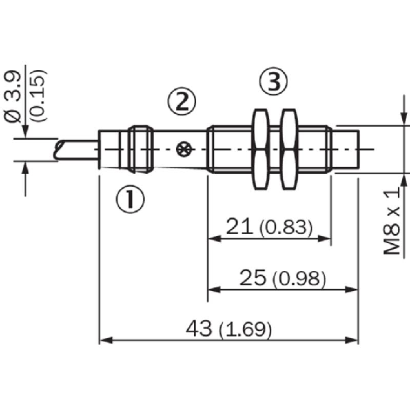 DPI M08 PNP NO P4mm non noyé lg43(21)mm Laiton / Câble 2m PVC-Lire la description