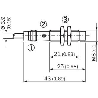DPI M08 PNP NO P4mm non noyé lg43(21)mm Laiton / Câble 2m PVC-Lire la description