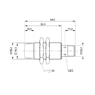 DPI M18 PNP NO P8mm non noyé lg54(29)mm Laiton / M12 4P-Lire la description