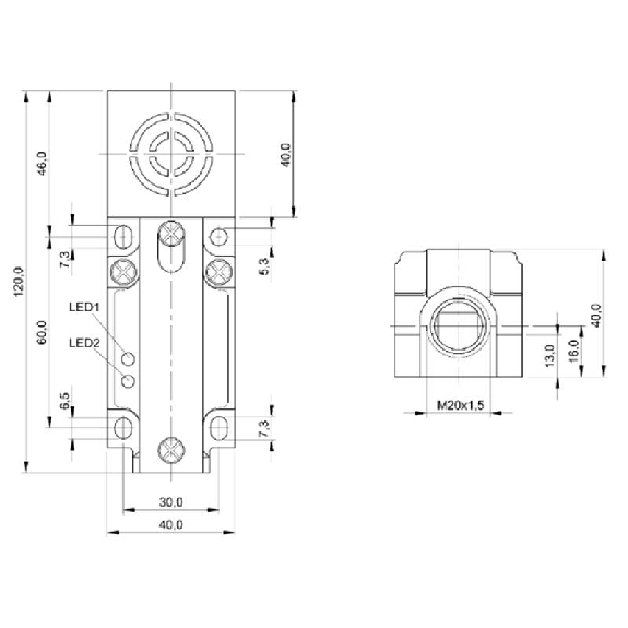 DPI Rect. PNP NO+NF P15mm noyé 40x40x120mm / Bornier-Lire la description
