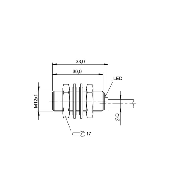 DPI M12 PNP NO P4mm noyé lg33mm Laiton 10-30Vdc IP68 / Câble 3m PVC-Lire la description