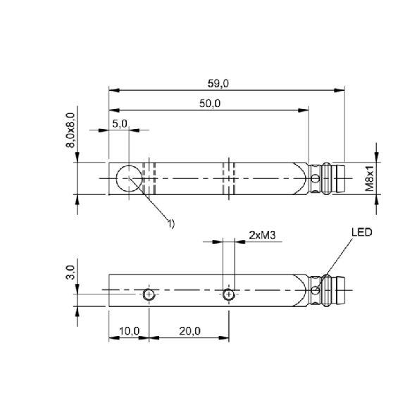 DPI Rect. PNP NO P1,5mm noyé 8x8x50(59)mm Zinc 10-30Vdc / M08A 3P-Lire la description