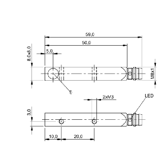 DPI Rect. PNP NO P1,5mm noyé 8x8x50(59)mm Zinc 10-30Vdc / M08A 3P-Lire la description