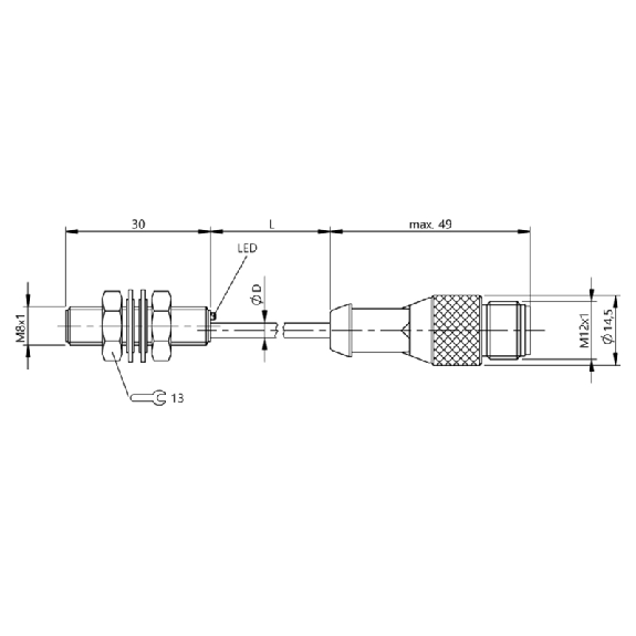 DPI M08 PNP NO P1,5mm noyé lg30mm Inox 10-30Vdc / M12 4P+C1m-Lire la description