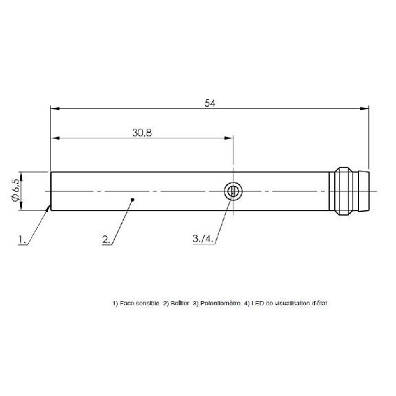 DPC D6,5 PNP NO P1,5mm noyé lg54(42)mm Inox 11-30Vdc / M08 3P-Lire la description