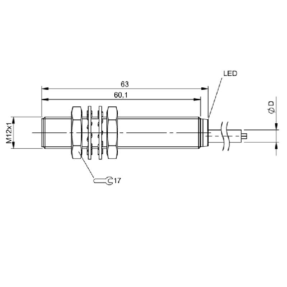 DPI M12 NPN NO P2mm noyé lg63mm Inox 10-30Vdc / Câble 3m PVC-Lire la description