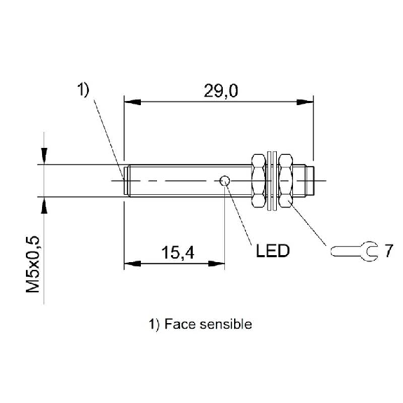 DPI M05 NPN NO P0,8mm noyé lg29mm Inox 10-30Vdc / M05 4P-Lire la description