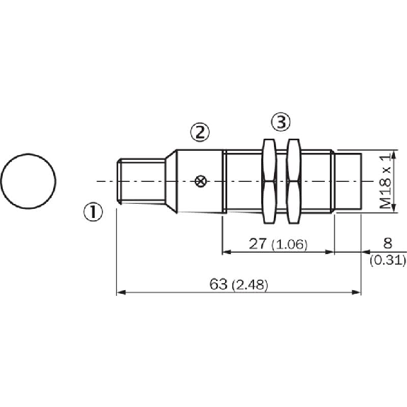 DPI M18 NPN NO+NF P8mm non noyé lg63(27)mm Laiton 10-30Vdc / M12 4P-Lire la description