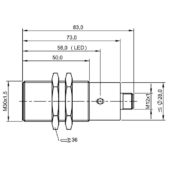 DPI M30 PNP NO+NF P15mm noyé lg83(50)mm 10-55Vdc / M12 4P-Lire la description