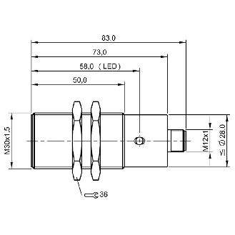 DPI M30 PNP NO+NF P15mm noyé lg83(50)mm 10-55Vdc / M12 4P-Lire la description