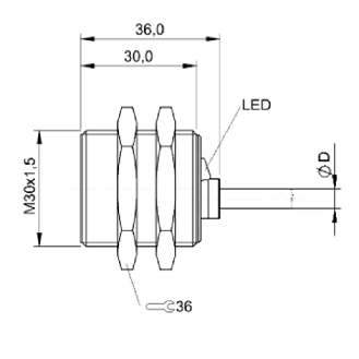DPI M30 PNP NO P15mm noyé lg36mm Laiton 10-30Vdc / Câble 5m PUR-Lire la description