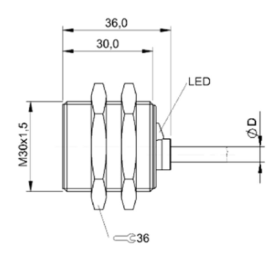 DPI M30 PNP NO P15mm noyé lg36mm Laiton 10-30Vdc / Câble 5m PUR-Lire la description