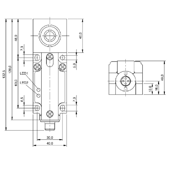 DPI Rect. PNP NO+NF P15mm noyé 40x40x132.5mm / M12 4P-Lire la description