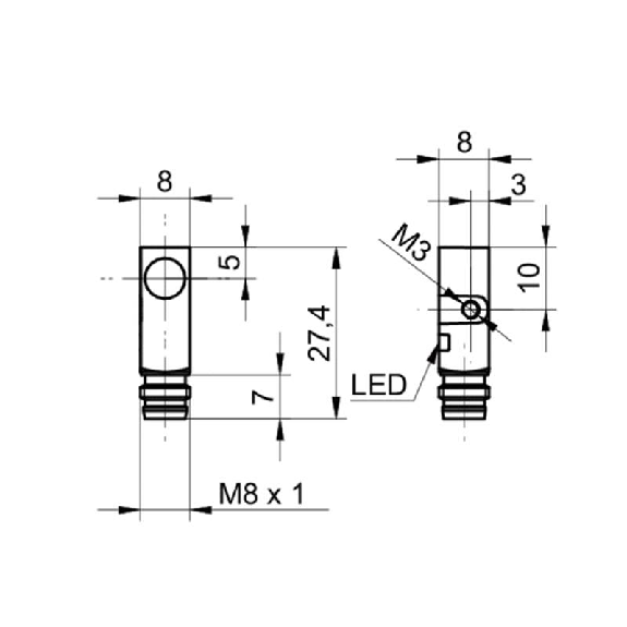 DPI Rect. NPN NO P2mm noyé 8x8x27mm 10-30Vdc / M08 3P-Lire la description