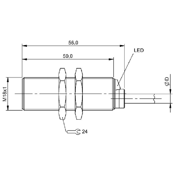 DPI M18 PNP NO P8mm noyé lg56mm Laiton 12-30Vdc / Câble 5m PVC-Lire la description