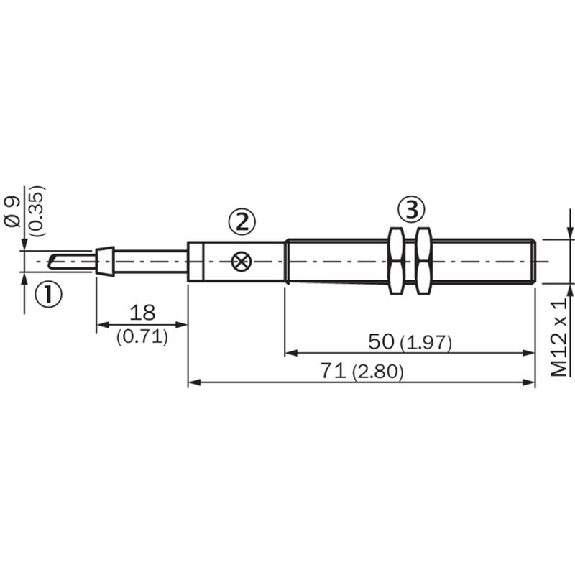 DPI M12 2 fils AC NO P2mm noyé lg71(50)mm Laiton 20-250Vac / Câble 2m-Lire la description