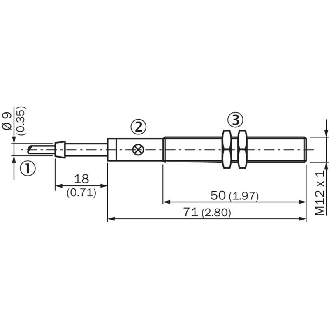 DPI M12 2 fils AC NO P2mm noyé lg71(50)mm Laiton 20-250Vac / Câble 2m-Lire la description