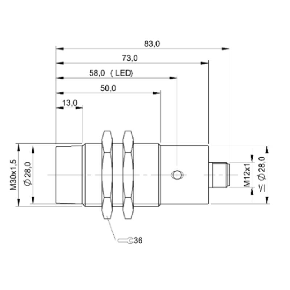 DPI M30 PNP NO P30mm non noyé lg83(37)mm Laiton 10-55Vdc / M12 4P-Lire la description