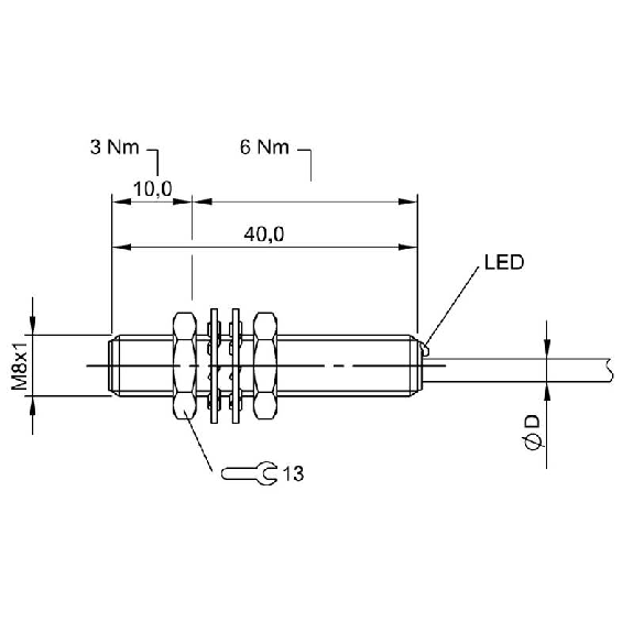 DPI M08 2 fils DC NO P2mm noyé lg40mm Laiton 10-36Vdc / Câble 3m PUR-Lire la description