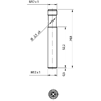 DPI M12 2 fils DC NO P2mm noyé 74,8(52,2)mm Laiton 10-30Vdc M12 4P-Lire la description