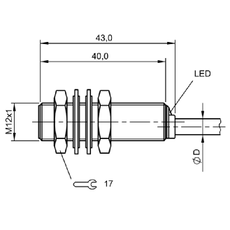 DPI M12 2 fils DC NF P3mm noyé lg43(40)mm Laiton / Câble 2m PVC-Lire la description