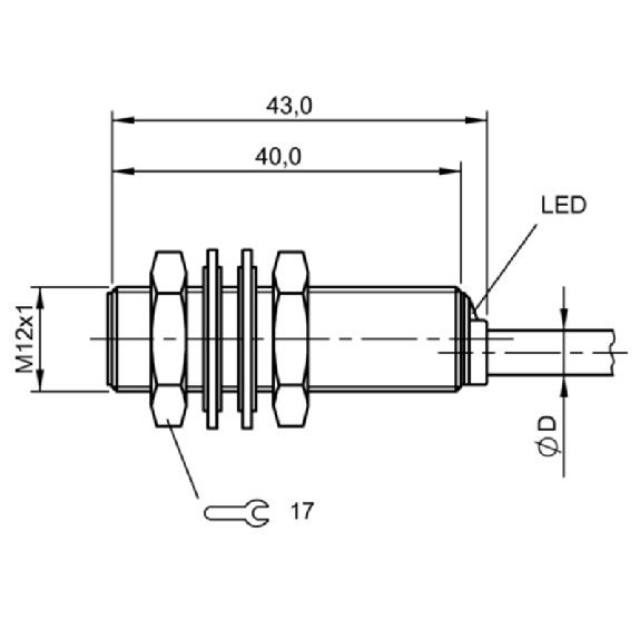 DPI M12 2 fils DC NF P3mm noyé lg43(40)mm Laiton / Câble 2m PVC-Lire la description