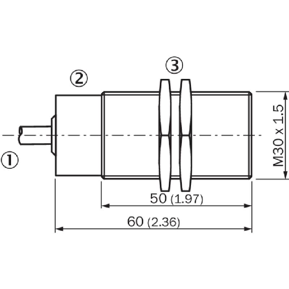 DPI M30 2 fils DC NO P10mm noyé lg60(50)mm Laiton / Câble 2m PVC-Lire la description