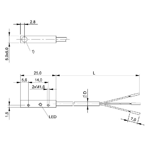 DPI Rect. PNP NF P1,5mm noyé 5x5x25mm Inox 10-30Vdc / Câble 2m PUR-Lire la description