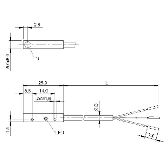 DPI Rect. PNP NF P1,5mm noyé 5x5x25mm Inox 10-30Vdc / Câble 2m PUR-Lire la description