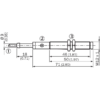 DPI M12 2 fils AC NO P4mm non noyé lg71(46)mm Laiton / Câble 2m-Lire la description