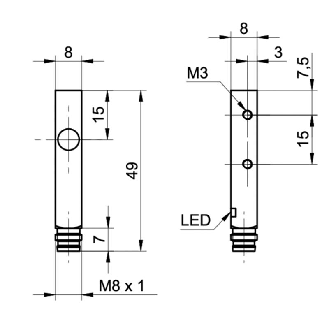 DPI Rect. NPN NO P2mm noyé 8x8x49mm 10-30Vdc / M08 3P-Lire la description