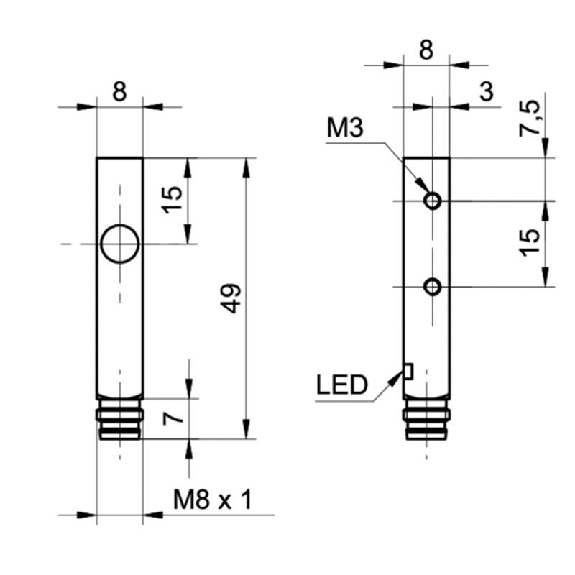 DPI Rect. NPN NO P2mm noyé 8x8x49mm 10-30Vdc / M08 3P-Lire la description