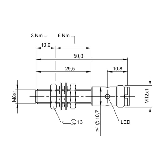 DPI M08 2 fils DC NO P2mm noyé lg50(29,5)mm Laiton 10-36Vdc / M12 4P-Lire la description