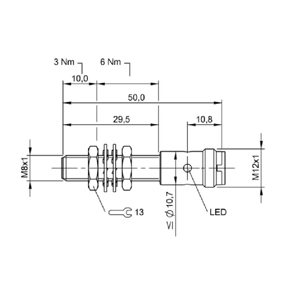 DPI M08 2 fils DC NO P2mm noyé lg50(29,5)mm Laiton 10-36Vdc / M12 4P-Lire la description