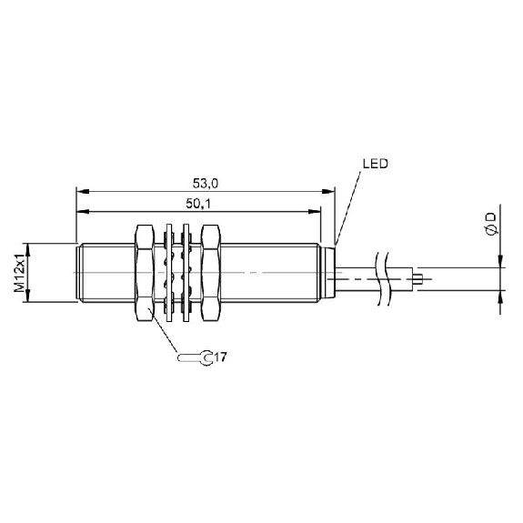 DPI M12 NPN NO P4mm noyé lg53mm Laiton 10-30Vdc / Câble 3m PUR-Lire la description