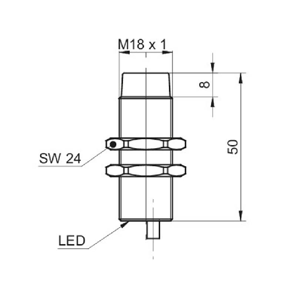 DPI M18 NPN NO P8mm non noyé lg50mm 10-30Vdc -40…+80°C / Câble 2m PUR-Lire la description