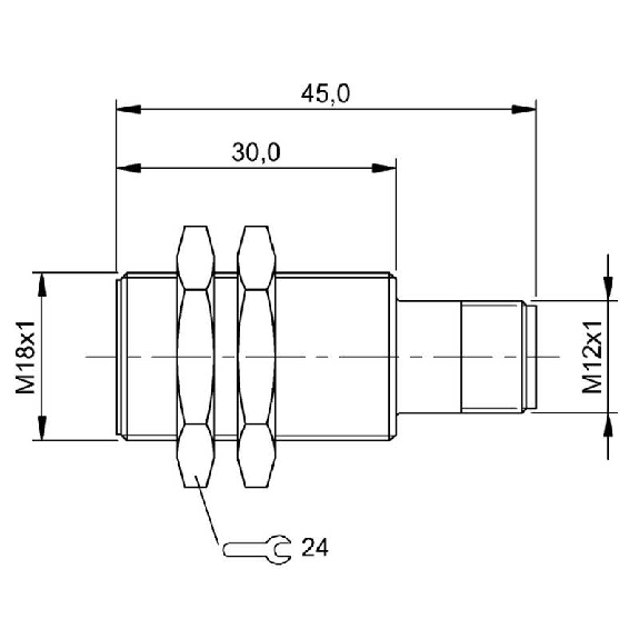 DPI M18 PNP NO P5mm noyé lg45(30)mm Inox 10-30Vdc / M12 4P-Lire la description
