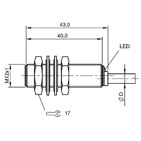 DPI M12 2 fils DC NO P3mm noyé lg40mm Laiton 10-36Vdc / Câble 5m PVC-Lire la description