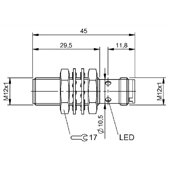 DPI M12 PNP NO P2mm noyé lg45(29,5)mm Laiton 10-30Vdc / M12 4P-Lire la description
