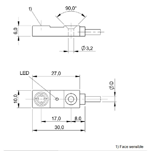 DPI Rect. PNP NO P3mm noyé 30x10x6mm / Câble 2m TPU-Lire la description