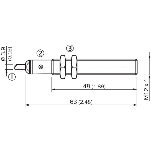 DPI M12 2 fils DC NO P4mm noyé lg63(48)mm Laiton / Câble 2m PVC-Lire la description