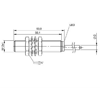 DPI M12 PNP NO P4mm noyé lg53mm Laiton 10-30Vdc IP68 / Câble 3m PVC-Lire la description