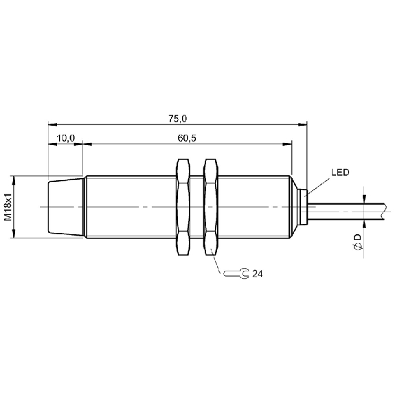 DPI M18 PNP NO P8mm non noyé 75(60.5)mm Laiton / Câble 3m PVC-Lire la description