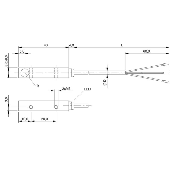 DPI Rect. PNP NF P2mm noyé 8x8x40mm Zinc 10-30Vdc / Câble 2m PUR-Lire la description