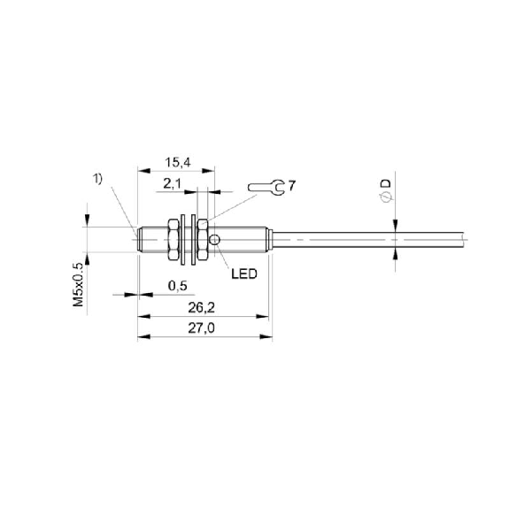 DPI M05 PNP NO P0,8mm noyé lg27mm Inox 10-30Vdc / Câble 2m PUR-Lire la description