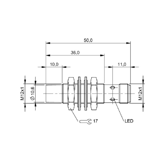 DPI M12 PNP NO P8mm non noyé lg50(26)mm Laiton / M12 4P-Lire la description