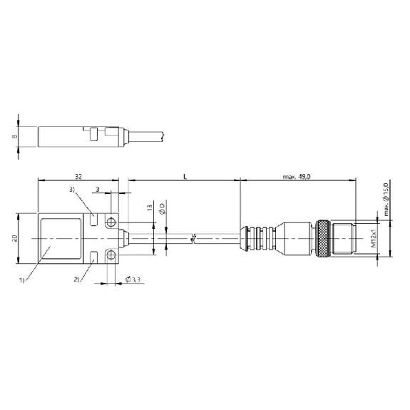 DPI Rect. PNP NO+NF P7mm noyé 20x8x32mm 10-30Vdc / M12 4P+C0.5m-Lire la description
