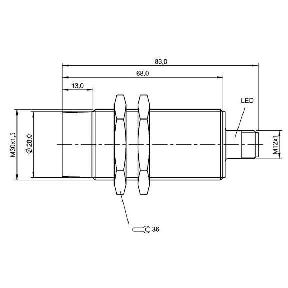 DPI M30 PNP NF P30mm non noyé lg83(68)mm Laiton 10-30Vdc / M12 4P-Lire la description