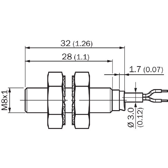 DPI M08 2 fils DC NO P2mm noyé 32(28)mm Inox V2A +100 °C / C2m PUR-Lire la description